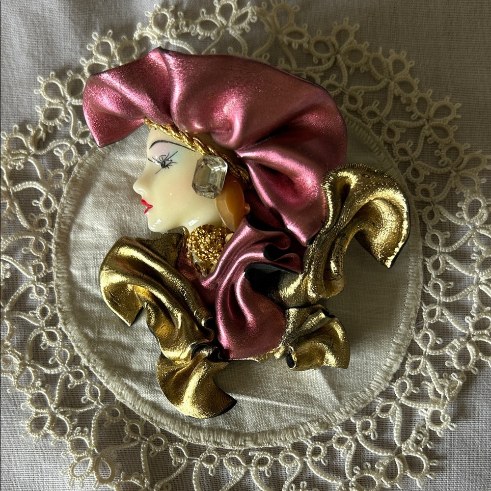 Glamorous Pink and Gold Woman Profile Brooch